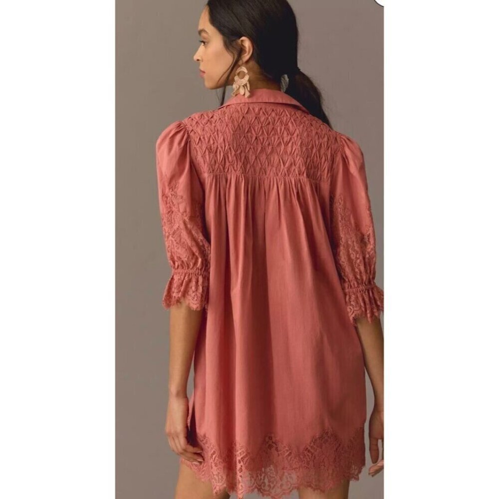 By Anthropologie SM Lace Tunic Dress Clay/ mauve earthy short sleeve Romantic - Picture 2 of 15